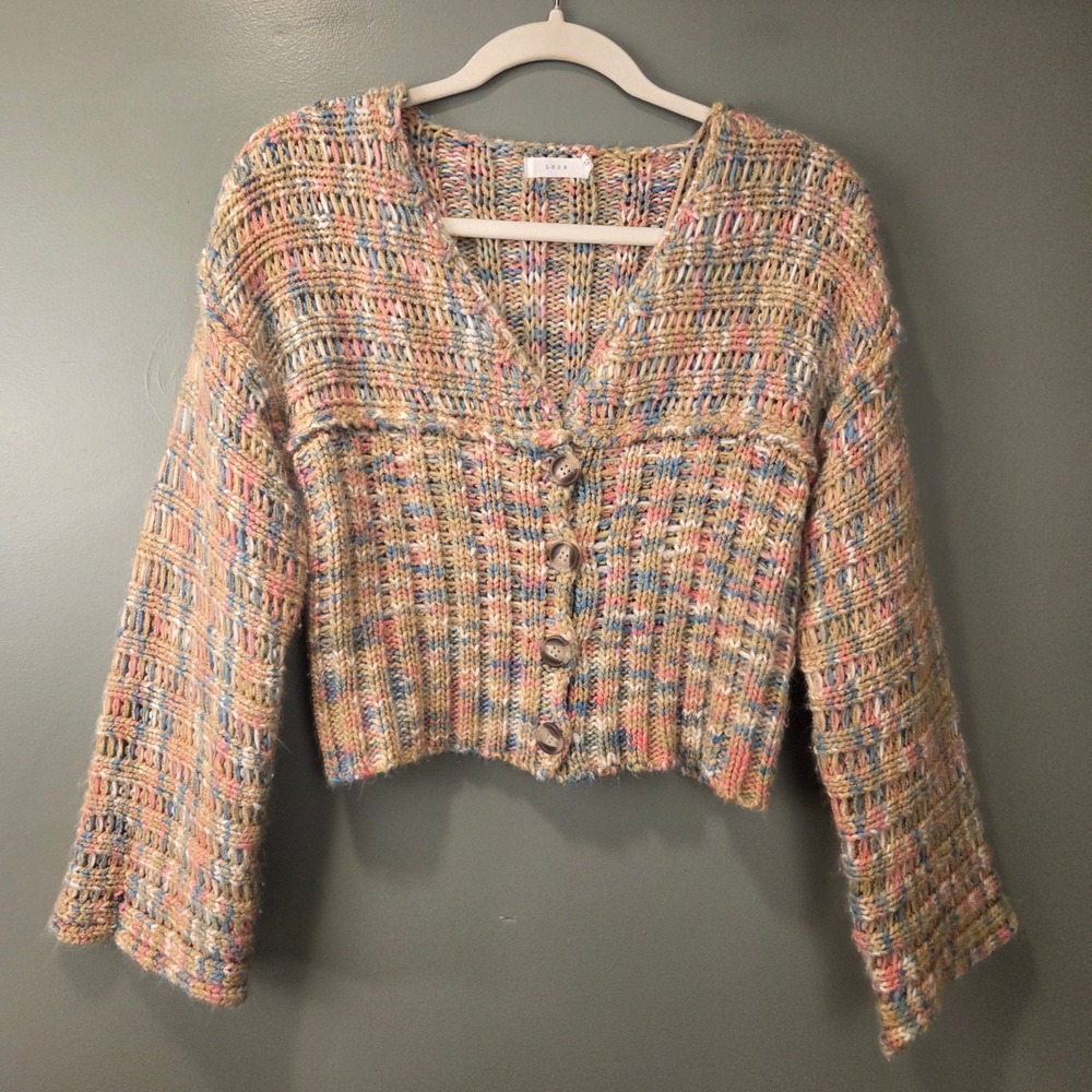 Lush Women's Chunky Knit Cardigan Cropped Wide Sleeves Pastel Multi Size S